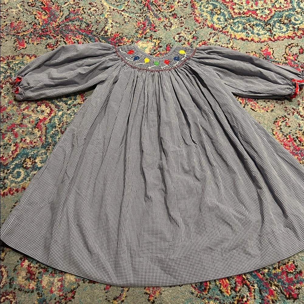 Smocked balloon dress 4T happy birthday blue Gingham k7050 - Picture 3 of 5